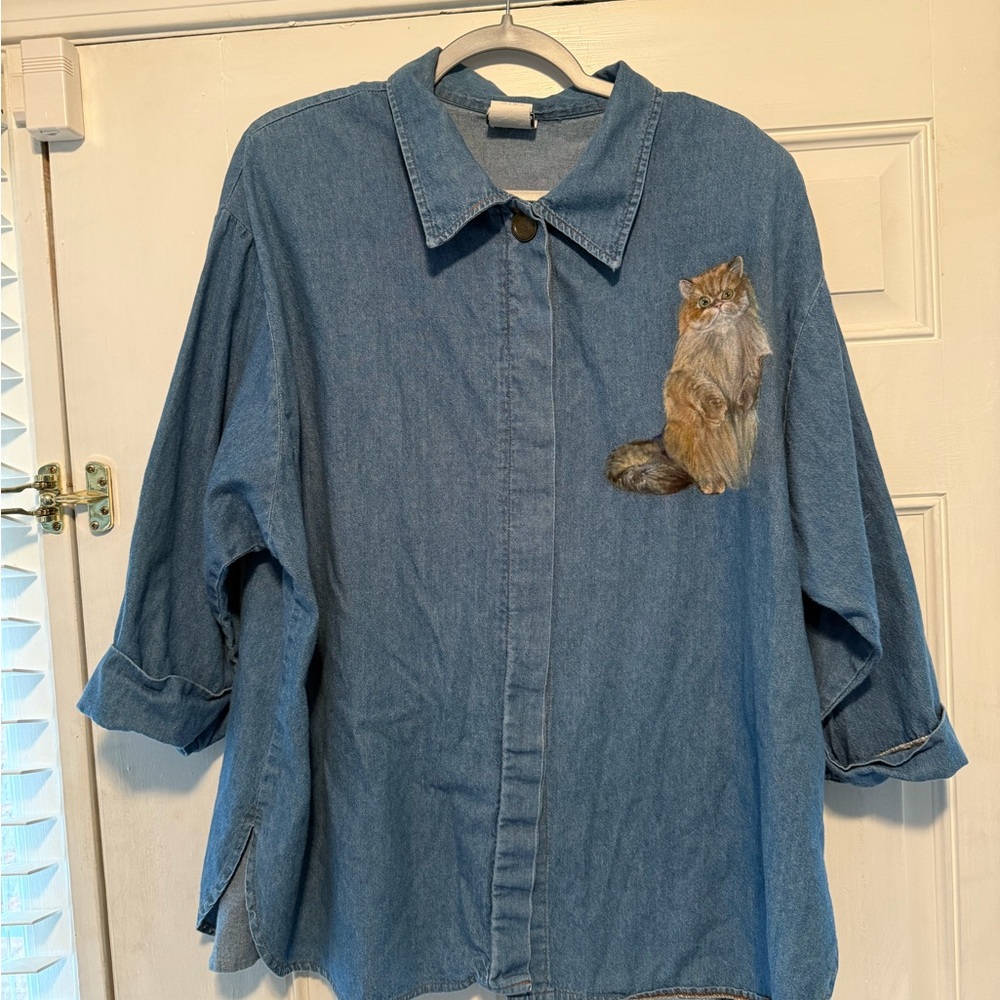 Denim airbrushed Cat  Shirt and pants